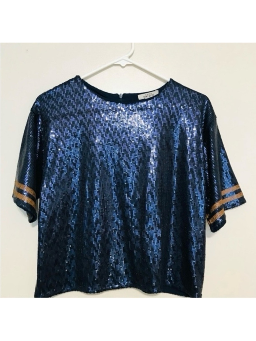 Zara Navy Blue Sequin Short Sleeve Shirt Tan Stripes
